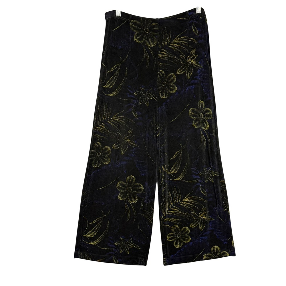 Chicos Travelers Pants 1 Women 8 Black Gold Floral Tropical Wide Leg Slinky Knit